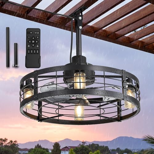 LEDIARY 22 Outdoor Ceiling Fans with Light, Waterproof Gazebo Fan with Hanging Hook, Plug in Ceiling Fan with Remote,Caged Ceiling Fan with 6 Speed Timer for Patio, Porch, Pergola, Black
