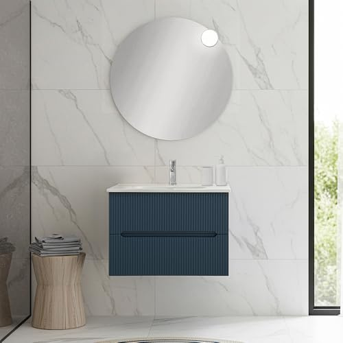 Inbagno Mobile Bagno Sospeso 70 Cm Blu Petrolio Effetto Cannettato Lavabo In Ceramica – Linea Bali