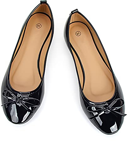 Dernolsea Womens Patent Leather Bow Ballet Flats | Round Toe, Slip On, Ladies Flat Ballet Pumps, Dolly Ballerina Shoes for Office Wedding