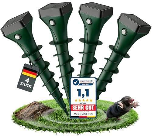 MEKEET Maulwurf Vertreiber 4er, Solar Ultraschall Maulwurfschreck, egen Nagetiere, Maulwürfe, Wühlmäuse, doppelt weich gepolsterter Griff, hochreflektierend, für Welpen und mittelgroße Hunde