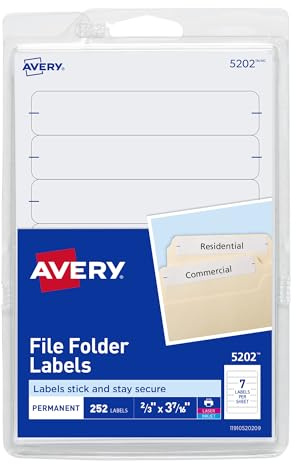 Avery® File Folder Labels on 4 x 6 Sheets, Easy Peel®, White, Print & Handwrite, 2/3 x 3-7/16, 252 Labels (5202)