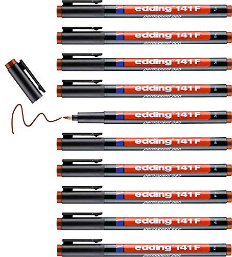 edding 141 F permanente pen - 10 stiften - bruin - ronde punt 0,6 mm - pen voor schrijven op glas, plastic, folies en gladde oppervlakken - permanent, sneldrogend, veegvast en watervast