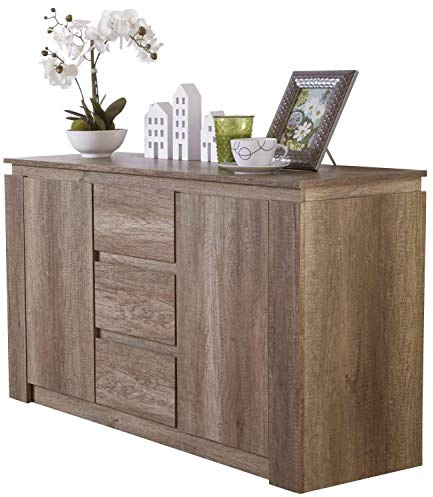 GFW Canyon Oak Sideboard Unit – 3 Drawers & 2 Door Storage Cabinet with Adjustable Shelves for Living Room, Kitchen or Bathroom, 119 x 39.5 x 70 cm