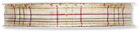 Halbach Schleifenband (1m = 0,50EUR) Dekoband, kariert, beige rot, 15mm, 20m Rolle