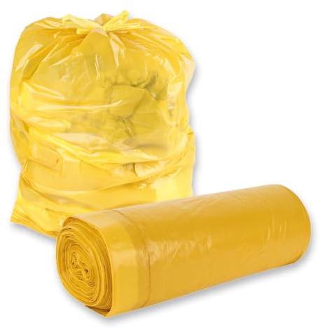 150 Stück, Müllsäcke, FRANZ MENSCH, 120 l, gelb, Zugband, LDPE, 45my, Rolle | 110 x 70 cm, recycelt, stabil, reißfest, Müllbeutel, Mülltüten, trash bags, für Mülltonnen, Garten