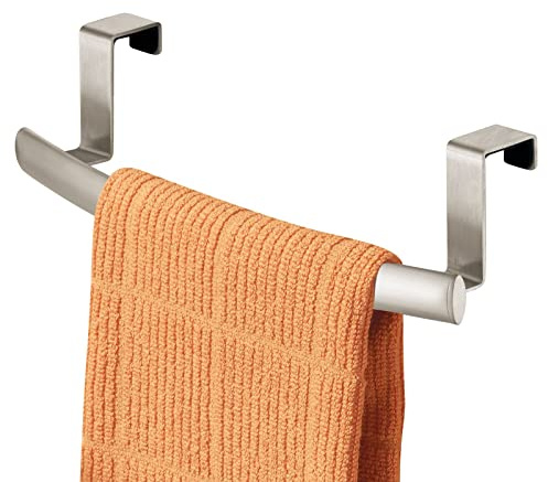 mDesign Steel Over Door Curved Towel Bar Storage, Hanger for Cabinet or Cupboard, Holder Rack for Kitchen, Bathroom - Holds Hand/Dish Towels, Washcloths - Spira Collection - Satin