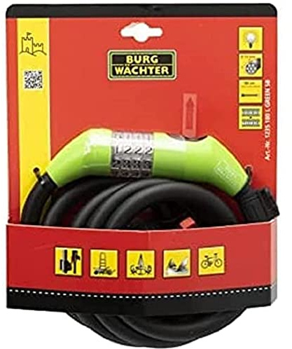 BURG-WÄCHTER Fahrradschloss, Zahlenschloss mit Halterung, Spiralschloss ohne Schlüssel, Stahlseilschloss, 180 cm lang, Ø 15 mm, 1235 180 L, Grün