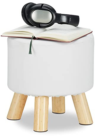 Relaxdays Hocker Kunstleder, gepolstert, 4 Holzbeine, weiß | flacher Fußhocker, runder Dekohocker, H x D: 30 x 30 cm