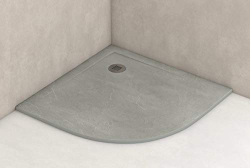 Plato de Ducha Antideslizante Semicircular 80x80cm - Resina Resistente a Agentes Químicos - Textura Pizarra Antibacteriano - Incluye Válvula Sifón - Color Gris