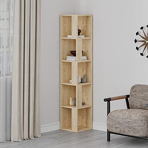 HOCUS PICUS | Modern Piano Eck-Bücherregal mit 5 Ebenen | Platzsparendes Holzregal für Wohnzimmer, Büro und Schlafzimmer | 31,4 x 31,4 x 158,9 cm | Eiche