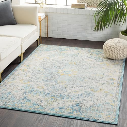 Livabliss Asmara Vintage Teppich groß - Orientalischer Wohnzimmer-Teppich 120x170 cm, Esszimmer, Schlafzimmer - Boho Kurzflor für einfache Pflege - Muster in Blau und Senfgelb