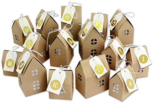 Papierdrachen Calendrier de l'avent pour Remplissage - Set de Maisons - avec Autocollants de Chiffres dorés - 24 boîtes Brunes Naturelles en Carton de 400g/m² à Monter et à décorer - réutilisable