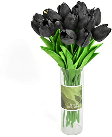 QUPLMGE 20 Stück künstliche Tulpen Schwarz Blumenstrauß Blumendekoration Blumenarrangement Realistische Tulpe mit Stiel Schöne Blumen für Hochzeit Brautsträuße Garten Party