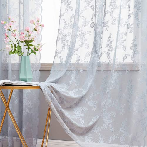 MIULEE Gardinen Spitze-Wunderschöne Grau Blumen Bestickte Spitzengardinen, 2er Set Transparent Vorhang Spitze Vintage, Voile Spitzenvorhänge mit Ösen für Wohnzimmer Schlafzimmer Dekor, 2X H245xB150cm