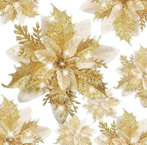BLAZOR Kunstblumen, Weihnachtsstern Künstlich Deko Blumen, 20 Stück Glitzer Deko Weihnachtsblumen, Baumschmuck Weihnachten, Hochzeit Kränze Dekorationw, Neujahr Ornamente., Gold