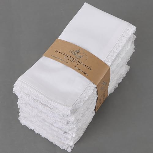 Natural Craft Dinner Cloth Napkin Set of 12 Cotton Linen Fabric 12 pk Vintage Rustic Premium Quality Napkin Cloth with Elegant Lace for Everyday Use, Pre Shrunk and Good Absorbency 12x12 in White