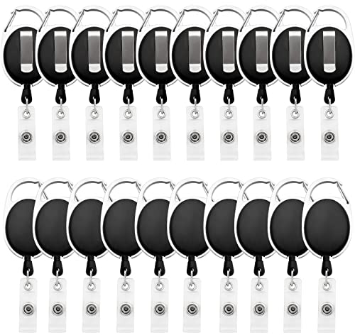 Fushing Schlüsselanhänger Ausziehbar,20 Karabiner ID Card Badge Clips mit Gürtel Clip Spulen mit Badge Holder Clips Halter Clips schwarz