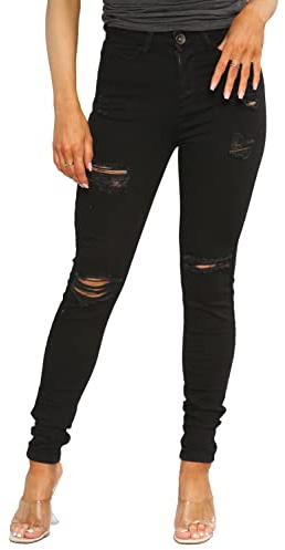 989Zé ENZO EZL417 Womens Jeans Skinny Stretch Ripped Trousers Ladies Denim Slim Fit Pants with Rips Waist Sizes UK 8-20 (18, Black)