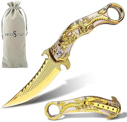 Vividstill cool Drache Klappmesser Taschenmesser für Männer, cool messer mit Titanplattiert Prägen 3D Drache, gute Geschenk Edc Messer für Männer Outdoor Überleben Camping (gold)