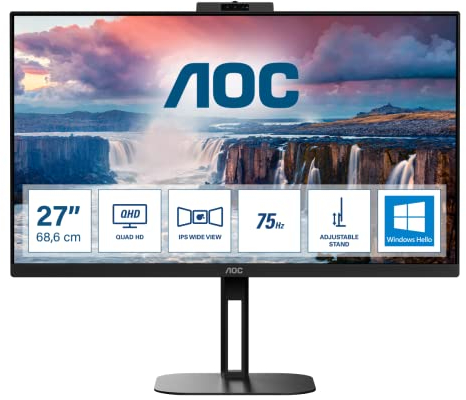 AOC Q27V5CW - 27 Zoll QHD Monitor, Webcam, Lautsprecher, höhenverstellbar (2560x1440, 75 Hz, HDMI, DisplayPort, USB-C, USB Hub) schwarz