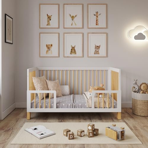 Love For Sleep ALEXANDER 4-in-1 Baby Cot Bed 140x70cm, Adjustable Mattress Base, Toddler and Day Bed, Converts into Sofa Bed, Wooden Barriers Included, Crib From Birth to 6 Years (White/Sunset Pine)