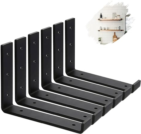 MLOQI 6 Pack Scaffold Board Shelf Brackets with Lips, 5mm Thick Heavy Duty L Wall Brackets for Shelves, Black Industrial Shelves Support (9x6/22.5cm x 15cm)