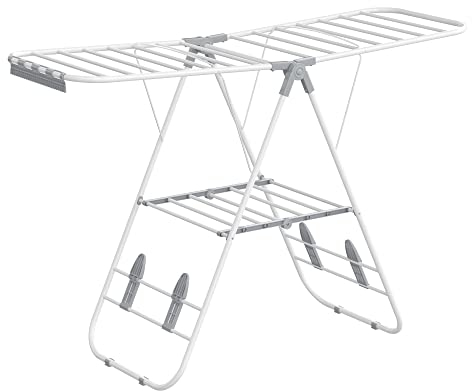 SONGMICS Wäscheständer, Standtrockner, Flügelwäscheständer, höhenverstellbare Flügel, freistehend, für Innen- und Außenbereich, Stahl, wolkenweiß-Taubengrau LLR502G01