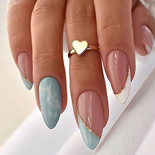 Ceboic Mandel Kurz Falsche Nägel, 24 Stück Weiß Blau French Press on Nails Künstliche Nägel, Glänzend Glossy Acryl Nägel Zum Aufkleben Falsche Nägel für Frauen und Mädchen
