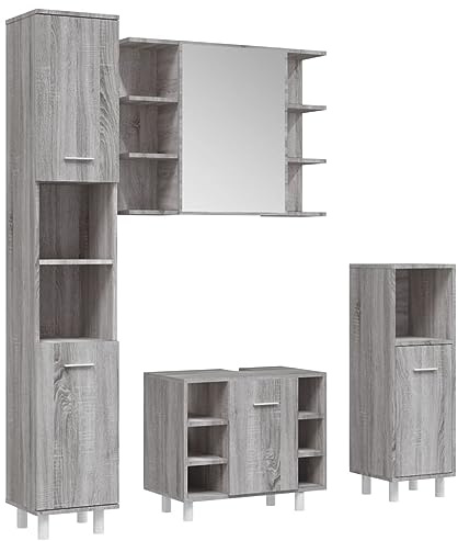 vidaXL Badmöbel Set 4 TLG., Badezimmer Möbel mit viel Stauraum, Badschränke mit Spiegel, Badspiegel Waschbeckenschrank Standschränke, Grau Sonoma Holzwerkstoff