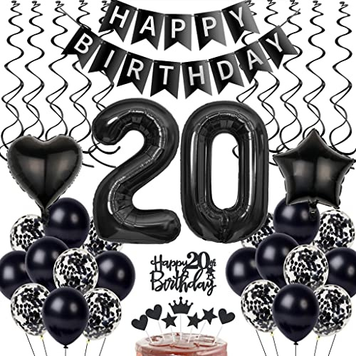 Schwarz 20. Geburtstag Dekoration, Luftballon 20. Geburtstag Deko, Schwarz Tortendeko 20 Jahre Mann, Deko 20. Manner Frau, Deko 20. Ballons