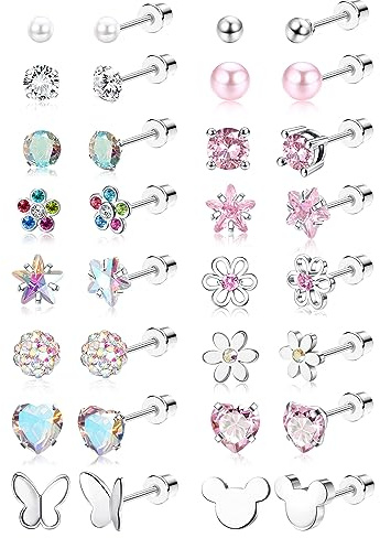 CASSIECA 16 Pairs Hypoallergenic Screw Back Earrings for Women Girls 316L Stainless Steel CZ Ball Heart Flower Screwback Flat Back Stud Earrings Jewelry Gift Women Multicolored Pink