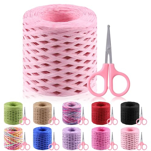 Glarks 200m Raffia Ribbon with Scissors Set, Pink Raffia Paper Craft Ribbon Natural Raffia String Kraft Packing Ribbon Twine Ribbon for Gift Wrapping Packing Crafting Supplies