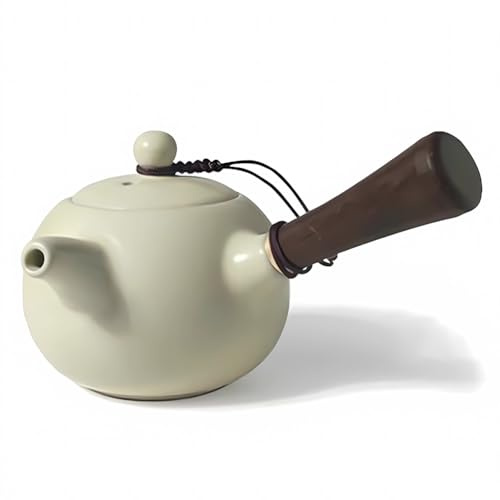 JJoias Keramik-Teekanne Mit Integriertem Filter, Einhändig Um 360 Grad Drehbare Teekanne Mit Seitlichem Griff, Japanisches Loseblatt-Teeset Mit Holzgriff, Weiß, 175 Ml