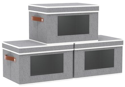 OUTBROS Aufbewahrungsbox, Kleiderschrank Aufbewahrungskörbe mit Deckel, Transparentes Fenster Organizer Box, Faltbare Stoffbox, Würfelregale, 33 x 23 x 20 cm, Grau, 3 Stück