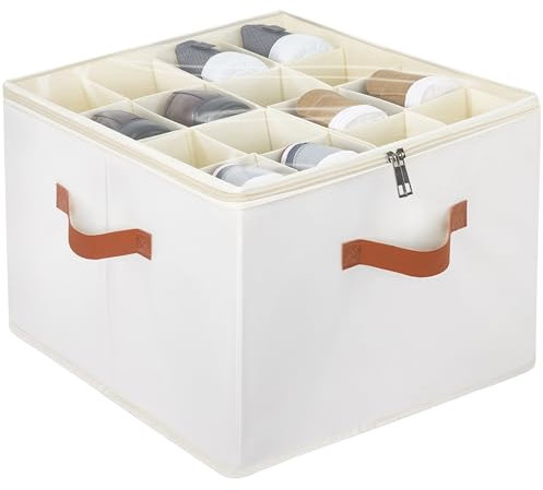 Winter Shore Organisateur Chaussures en Tissu Beige Ajustable - Rangement Chaussures Placard avec Couvercle Transparent, Compartiments Personnalisables, Poignées Renforcées - Jusqu'à 16 Paires
