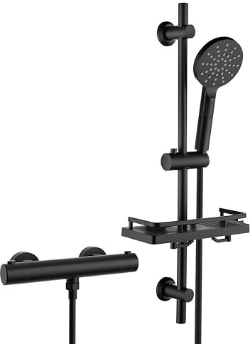 Görbach Colonne de Douche avec Thermostatique Robinetterie et Étagère de Douche, Mitigeur de Douche + Ensemble de Barre de Douche en Acier inoxydable de 70 cm avec Douchette et Tuyau, DSD12 Noir mat