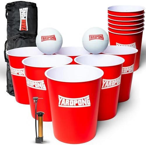YardPong – Giant Yard Pong and Basketball Game with 12 Buckets, 2 Balls, Carrying Bag, and Air Pump – Outdoor Game for Lawn, Backyard, Beach, and Family Fun