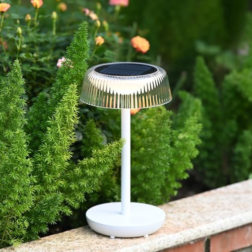 DAWALIGHT Lámpara de Mesa Solar LED Exterior Jardin, Blanco, 2 Modos de Carga (Solar/USB), IP54 Impermeable, Inalámbrica Táctil Regulable, para Interior y Exterior
