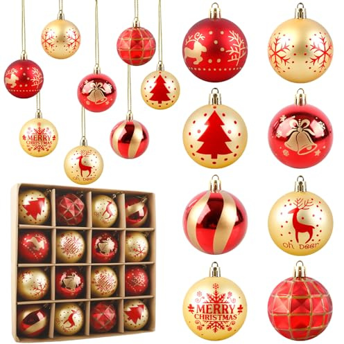 Aitsite 16 Stück Christbaumkugeln Rot Gold, 6CM Weihnachtskugeln Kunststoff mit Aufhängen Bruchsicher Ornamente Weihnachtsbaum Kugeln Weihnachtsbaumschmuck für Weihnachtsdeko Innen Aussen