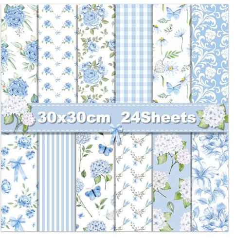 Lot de 24 feuilles de papier de scrapbooking bleu clair double face motif fleurs d'hortensia pour la fabrication de cartes, album photo, journal, loisirs créatifs