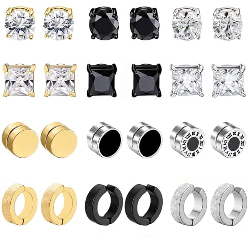 12 Pares Pendientes Magnéticos de Acero Inoxidable para Hombre y Mujer - Sin Agujero Clip Imán CZ Diamante Negro Plata