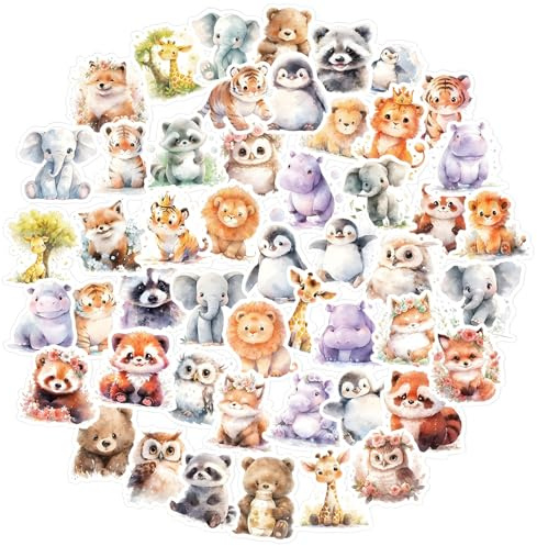 GEEHUA 50 Stück Süße Tiere Aufkleber Kinder, Aquarell Niedliches Kawaii Safari Sticker, ästhetische Wasserfest Selbstklebend Cartoon Tier Aufkleber für Laptop, Scrapbook, Wasserflasche