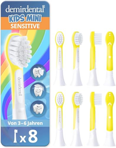 demirdental tête de brosse pour Philips Sonicare Kids tête de brosse enfants, Compact Mini pour les petites dents de lait, Enfants de 3 à 6 ans, remplace HX6038 HX6034, Jaune, Lot de 8