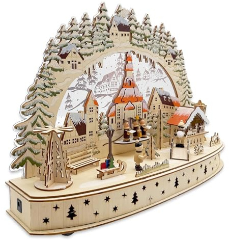Wichtelstube-Kollektion LED Schwibbogen Seiffener Kirche Weihnachtsmarkt Winterlandschaft, Lichterbogen indirekt beleuchtet Schwippbogen Echtholz beidseitig bemalt
