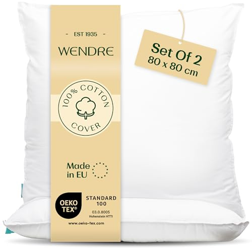 WENDRE Kopfkissen 2er-Set 80x80 cm – Weich, atmungsaktiv, Baumwollbezug | Faserfüllung ohne Federn, ideal für Allergiker, waschbar bei 60°C, OEKO-TEX zertifiziert, hergestellt in der EU
