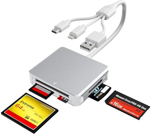 Memory Stick Pro Duo Adapter for iPhone/USB C/PC - SD/MS/TF/CF/XD Card Reader with Lightning + USB C + USB 3.0 Port, Support OTG, 480Mbps Data Transfer, MS Card Reader Adapter