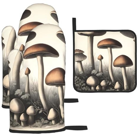 BROLEO Küchen-Back-Set mit 3 – Ofenhandschuhe und Topflappen für Verbrühungsschutz, Wärmedämmung, Vintage-Pilze, Zeichnungen, Drucke