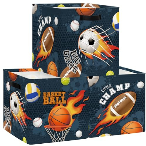 HUUMONSS 30cm Aufbewahrungsbox 3 Stück Sportball Aufbewahrungskorb Kinder Faltbar Basketball Volleyball Aufbewahrungswürfel Organizer Für Spielzeug Bücher Kleidung, Feuer