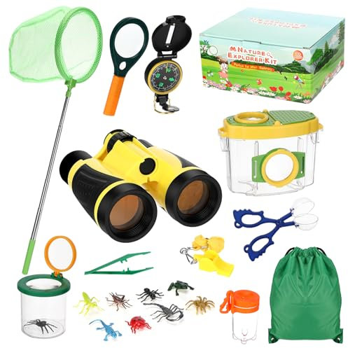 Quuylin Set di Giocattoli da Esploratore Esterno,Kit Esploratore all'aperto per Bambini con Binocolo Bambini, Bussola,Lente d'Ingrandimento, pinzette,Regalo per età 3 anni in su