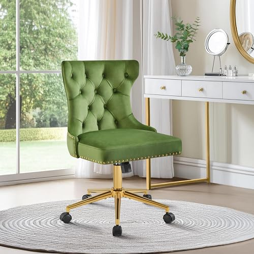 Yaheetech Vanity Office Desk Chair with Silver Base, Upholstered Velvet Dressing Table Chair, Makeup Bedroom Swivel Chair with Back for Home Office, Green